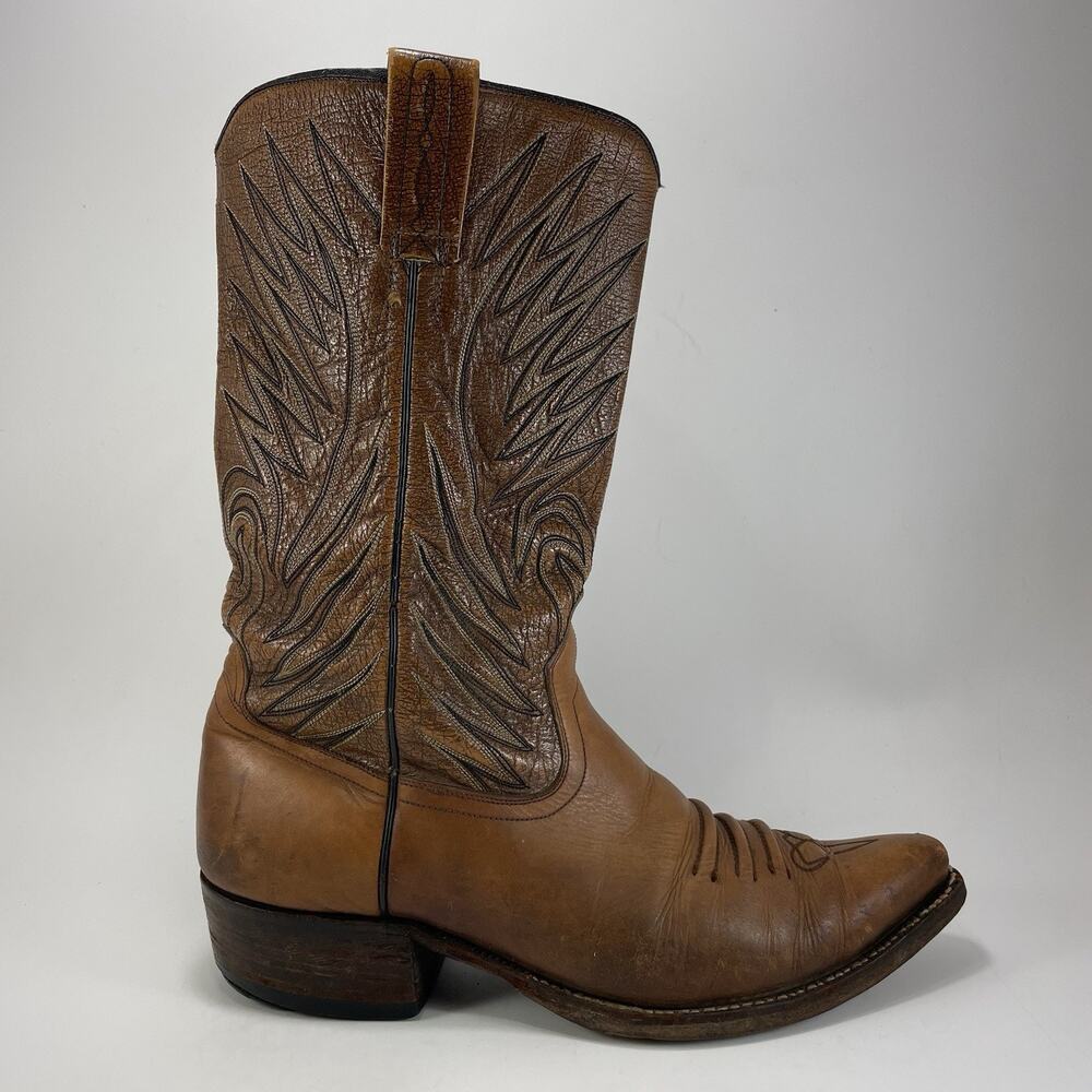 Dan Post 6154 Western Boots Mens Size 9 Pointed J Toe, Flame Embroidery Tan VTG